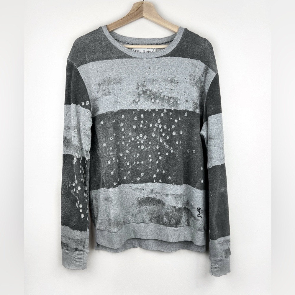 RELIGION Distressed Grey Pullover Long Sleeve Sweater Mens Size Small / Medium